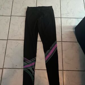 Justice Black Leggings with Pink and Green Stripes